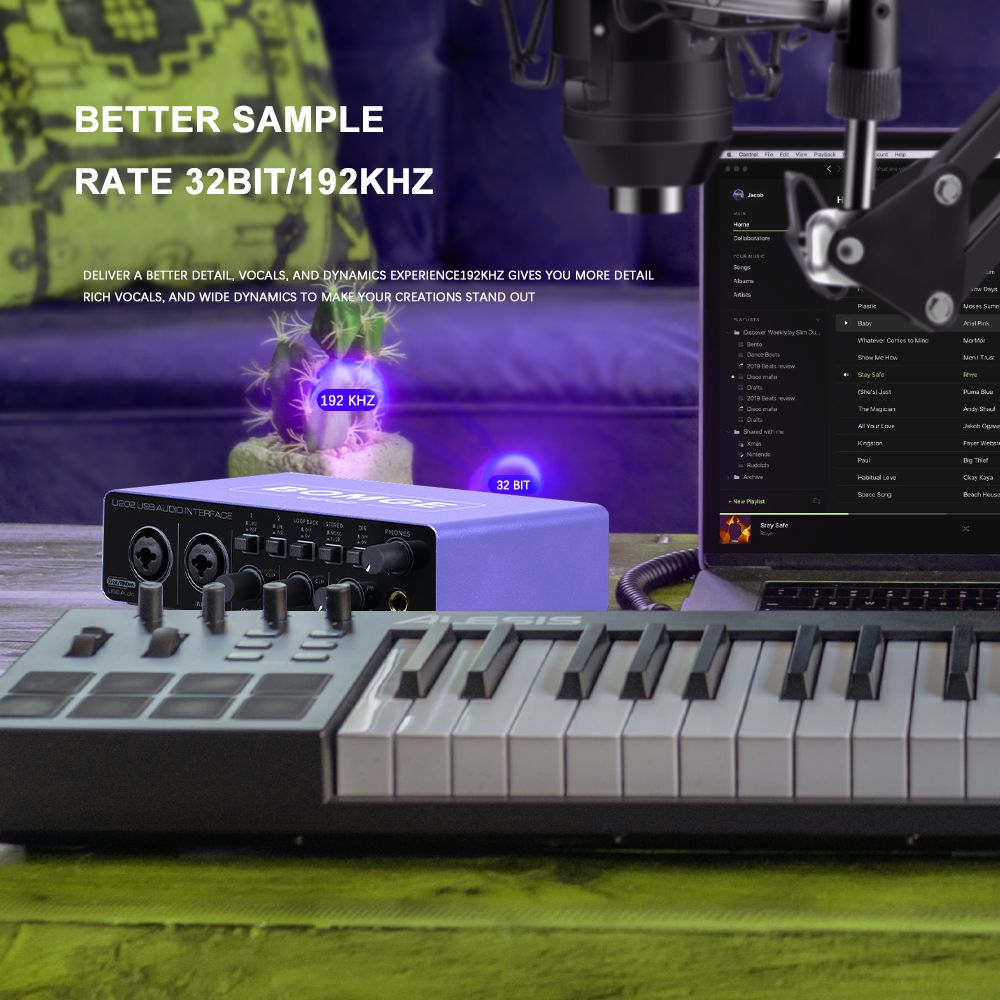 BOMGE U202 USB Audio Interface With Mic Preamplifier XLR/TSR/TS Ports,48V,32-Bit/192kHz Resolution