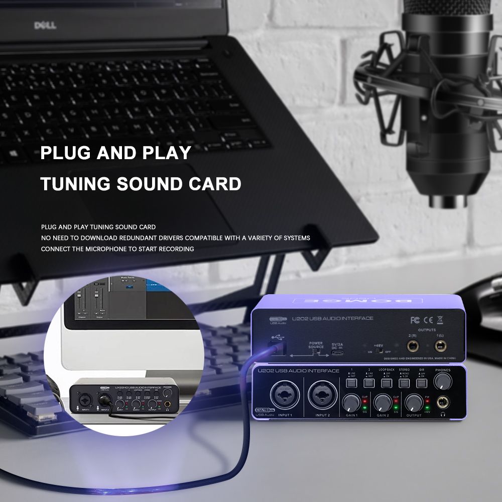 BOMGE U202 USB Audio Interface With Mic Preamplifier XLR/TSR/TS Ports,48V,32-Bit/192kHz Resolution