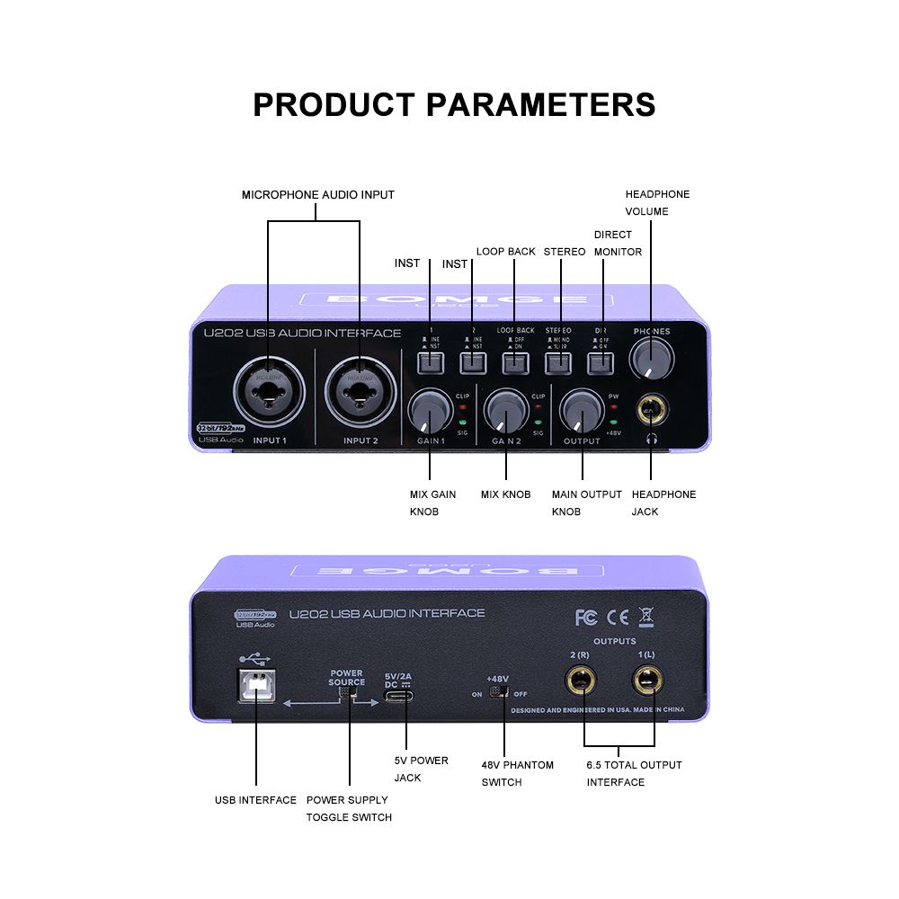 BOMGE U202 USB Audio Interface With Mic Preamplifier XLR/TSR/TS Ports,48V,32-Bit/192kHz Resolution