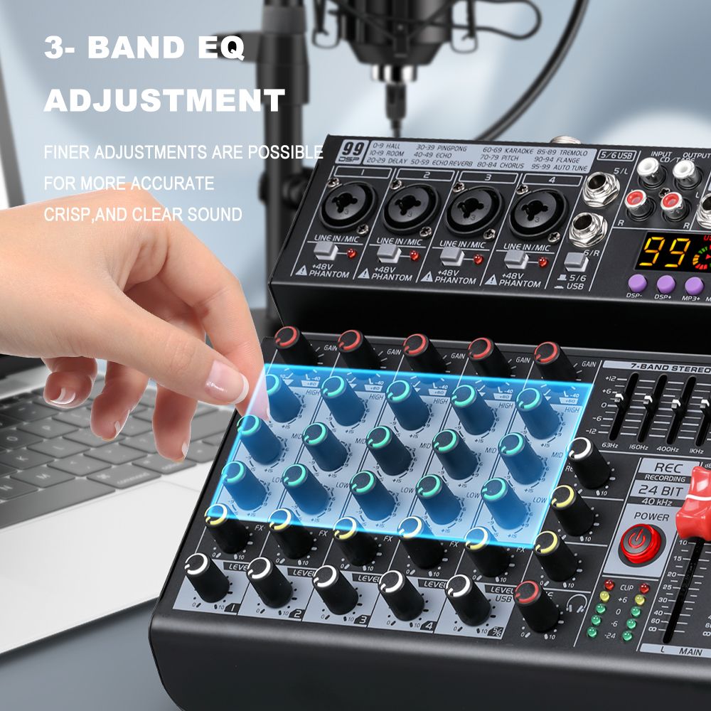 6-channel mixing console Built-in 99 dsp effects processor PROFESSIONAL AUDIO MIXER