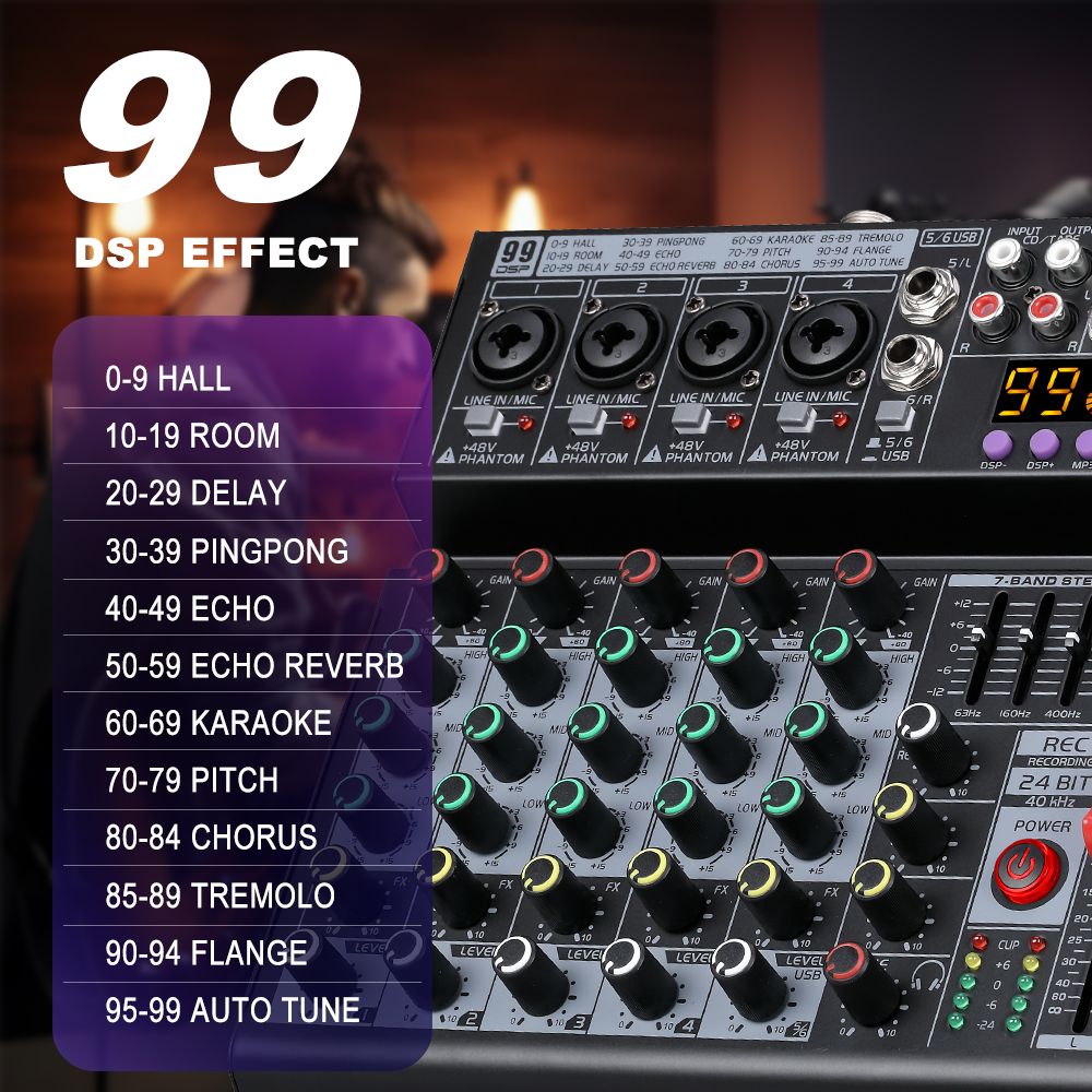 6-channel mixing console Built-in 99 dsp effects processor PROFESSIONAL AUDIO MIXER