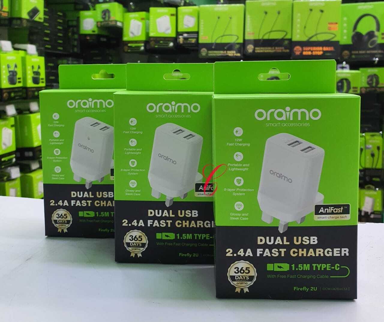 Oraimo Firefly 2U U67D Dual USB 2.4A fast charger with 1.5M cable (Micro, Type C or Iphone )