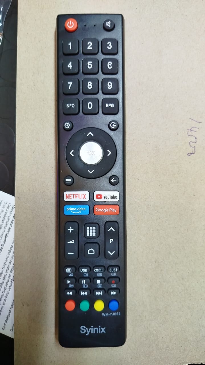 Syinix Smart TV remote control+free two AAA batteries

It is a replacement remote compatible with all Syinix smart TVs.

It has dedicated buttons for Netflix, YouTube, Prime Video, and Google Play.

T
