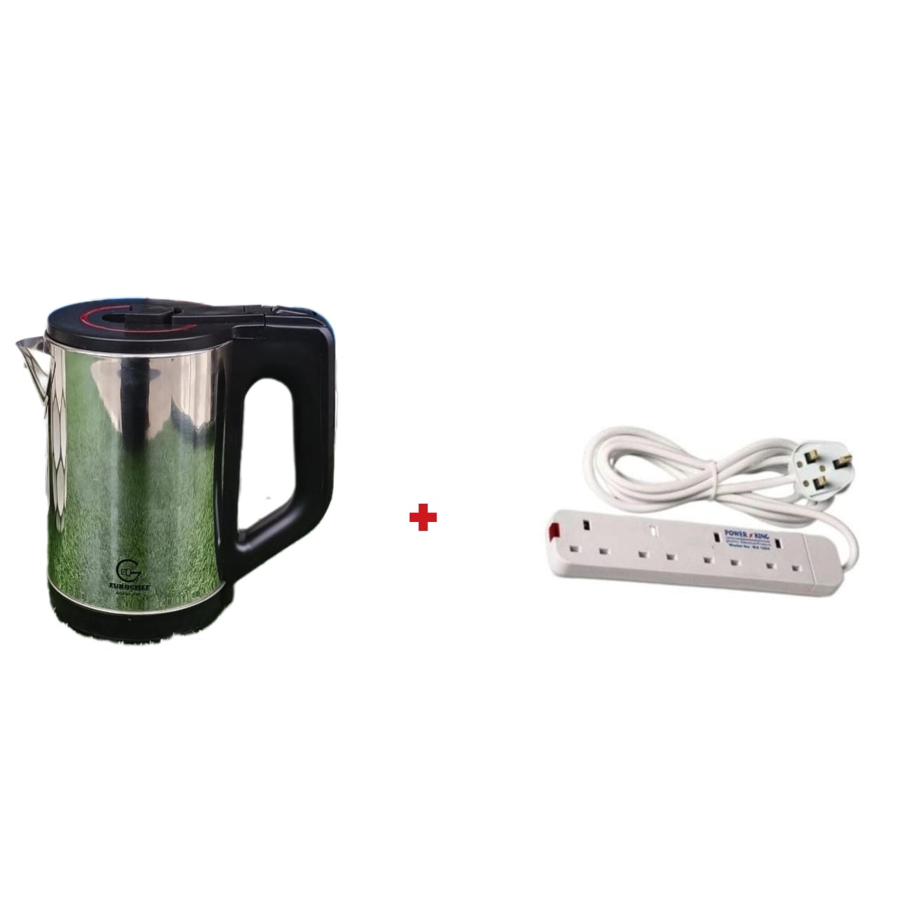 Eurochef electric kettle and a Powerking extension cord.
Here is some shopping information for the Eurochef electric kettle:
The kettle has a stainless steel body and a concealed heating element. 
It