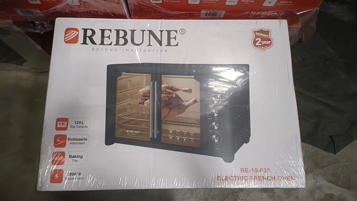 The Rebune 75 litres RE-10-031 commercial double door oven features a spacious 75 L capacity with French-style double doors, 2800 W power, adjustable thermostat up to 250 °C, convection and rotisserie