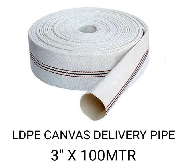 The LDPE Canvas Delivery Pipe (3" x 100 meters) is a heavy-duty, flexible discharge hose designed for long-distance water transfer. It features durable LDPE construction with reinforced canvas lining