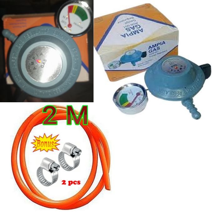 Ampia Long Lasting Gas Regulator With Guage Meter For 13KG Gas Cylinder With FREE Gas Delivery Pipe 2M , 2 Safety Pipe Clips
