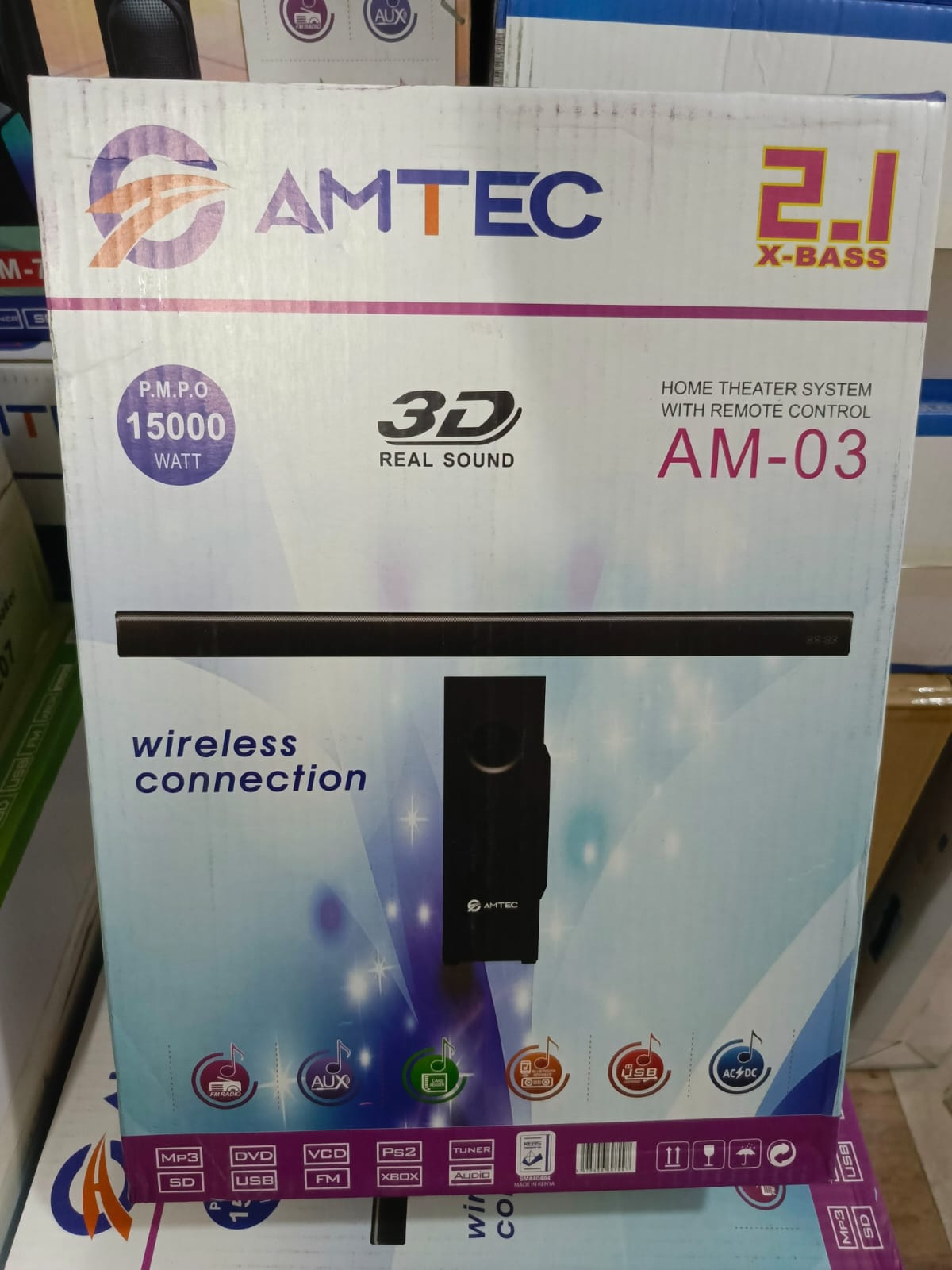 AMTEC 2.1 CH AC/DC WIRELESS CONNECTION SUBWOOFER HOME THEATRE SYSTEM-BT/FM/USB-15000W