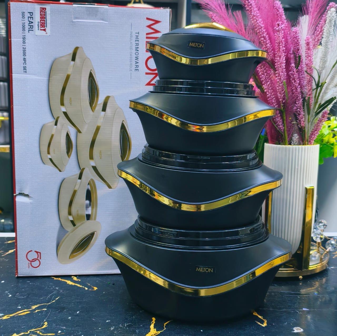 🔥 Milton Hot Pot Set of 4 – Black 🖤 Elegant insulated design ✨ 500ml–2.5L 🥘 Keeps food hot & fresh 💯 Perfect for daily meals, parties & gifting 🎁