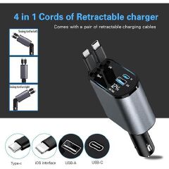 4 in 1 Retractable Super Fast Car Charger with Dual USB ports & LED Display