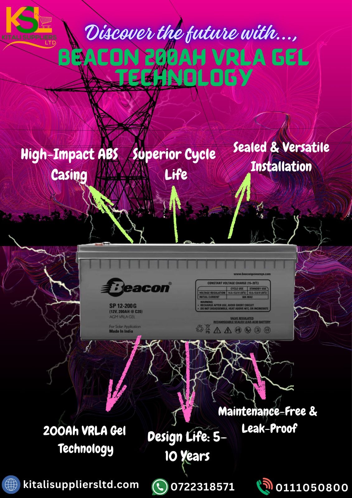 Beacon 200Ah VRLA Battery – Reliable, Maintenance-Free Power