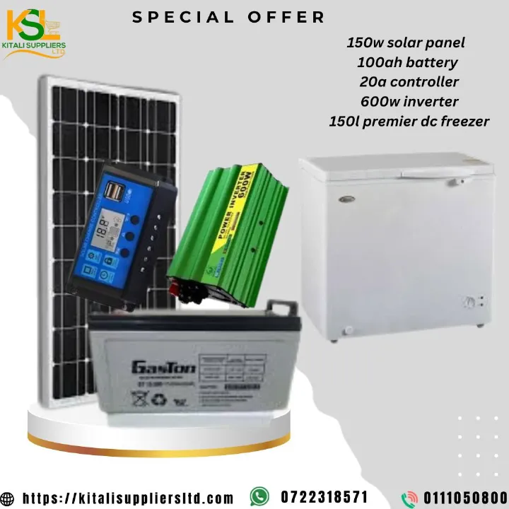 Complete Solar Kit with 150L DC Freezer – 150W Solar Panel + 100Ah Battery + Inverter - Enjoy reliable cooling and clean solar energy with the Complete Solar Kit with 150L DC Freezer.
