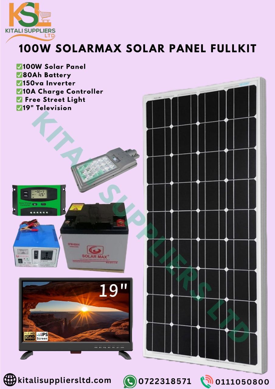 100W SolarMax Complete Solar Power Kit with 80Ah Battery, 150VA Inverter, Charge Controller, Street Light & 19” TV – Ideal for Home & Off-Grid Use  providing stable power for lights, small appliances,
