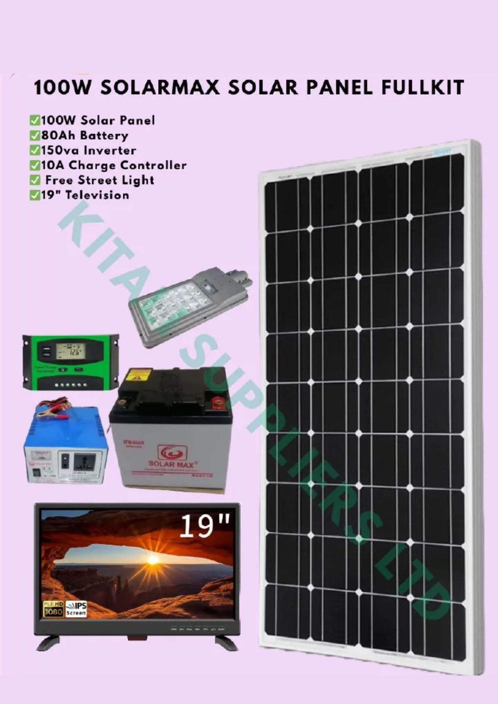 100W SolarMax Complete Solar Power Kit with 80Ah Battery, 150VA Inverter, Charge Controller, Street Light & 19” TV – Ideal for Home & Off-Grid Use  providing stable power for lights, small appliances,