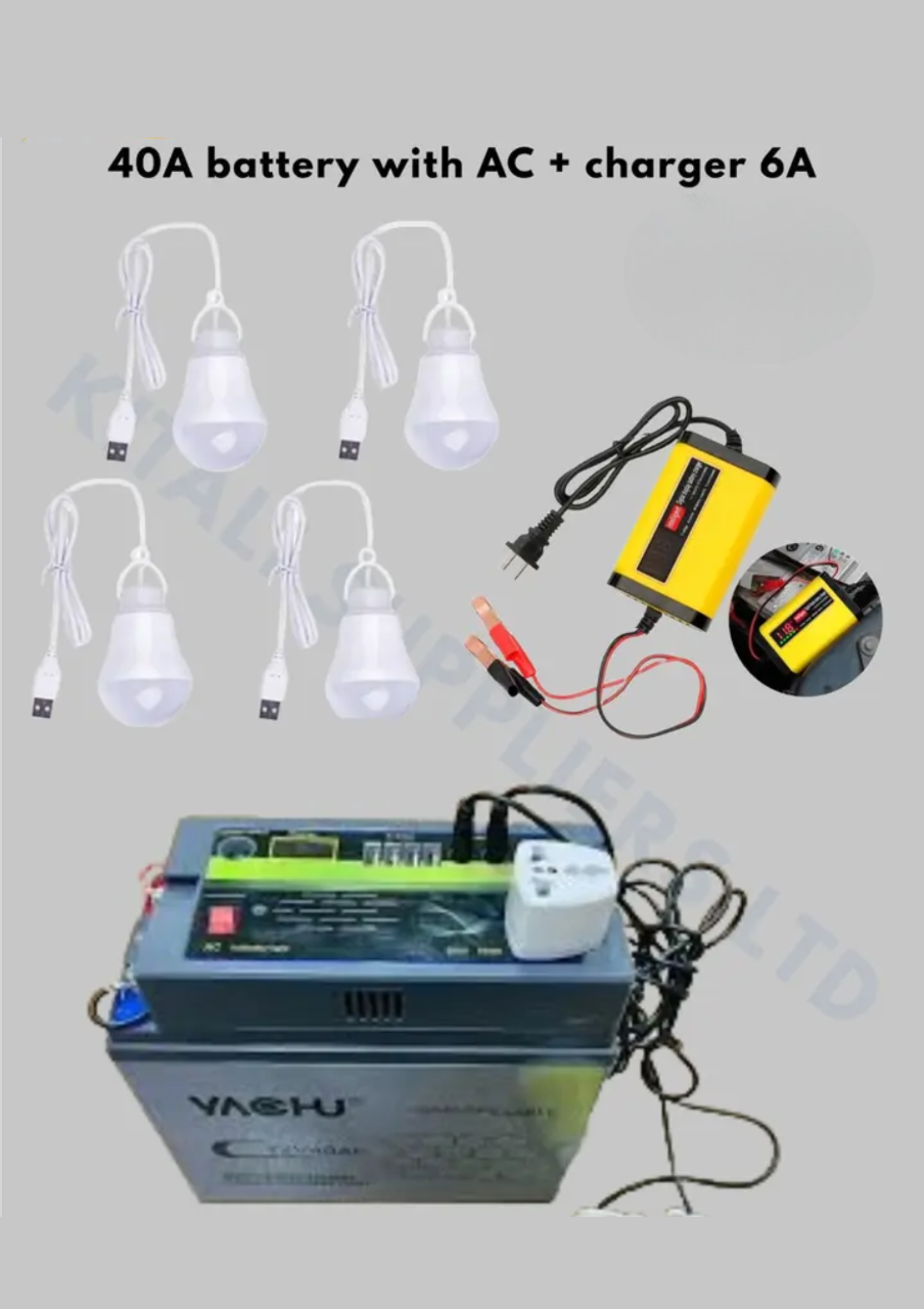Yachu 40Ah Rechargeable Battery Kit with AC Output, USB Ports, 6A Charger & LED Bulbs – Reliable Portable Power for Home, Business & Outdoor UsePower your world with the Yachu 40Ah Rechargeable Battry