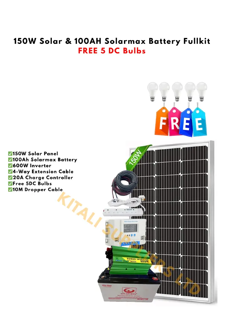 150W Solar Fullkit System + 5 FREE DC Bulbs + 20A Solarmax Charge Controller + 4-Way Extension + 10M Cable + 600W Inverter – Complete Home Solar Power Kit