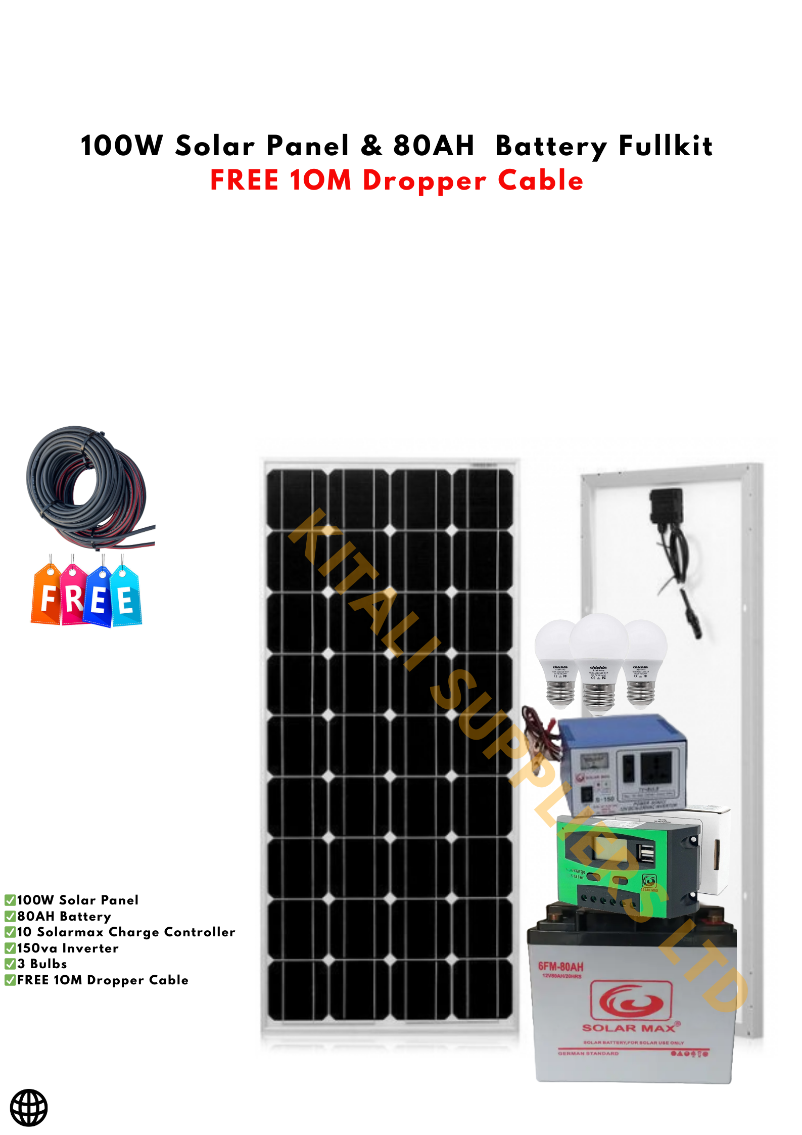100W Solar Kit with 80Ah Battery, 150VA Inverter, 10A Controller & 3 Bulbs – Compact Off-Grid Power System