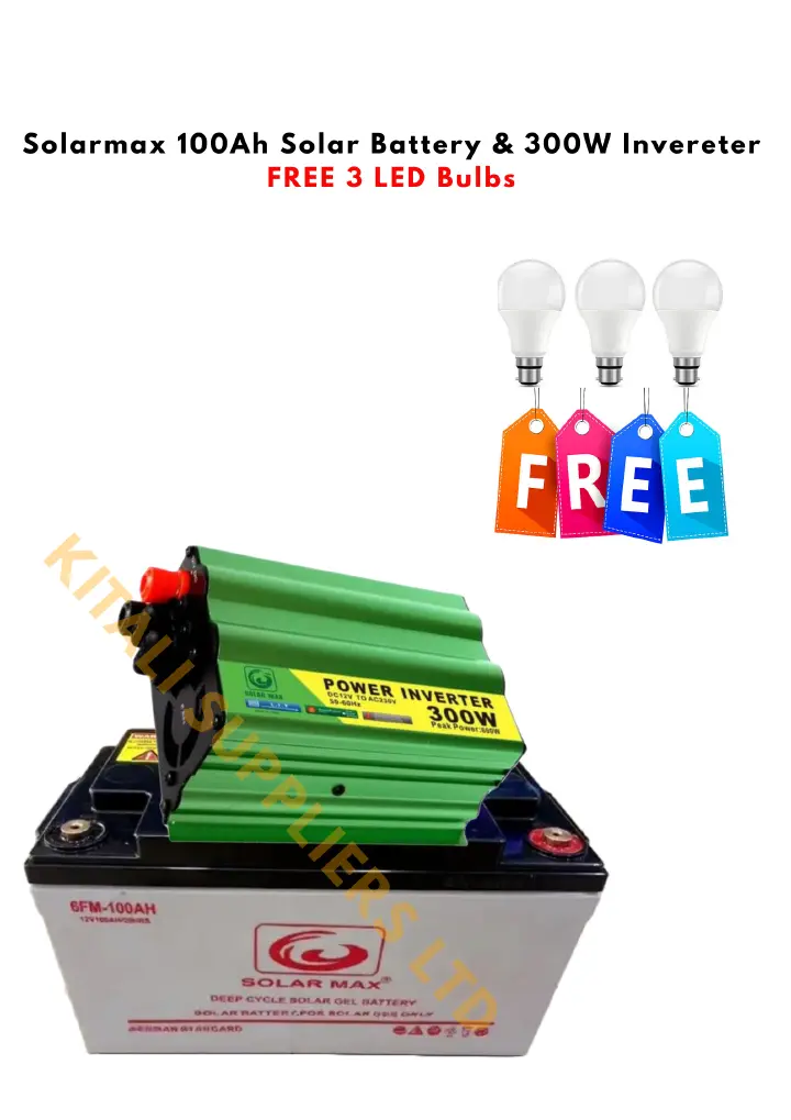 Solarmax 100Ah Midkit – Maintenance-Free Gel Solar Battery + 300W Inverter + FREE 3 LED Bulbs