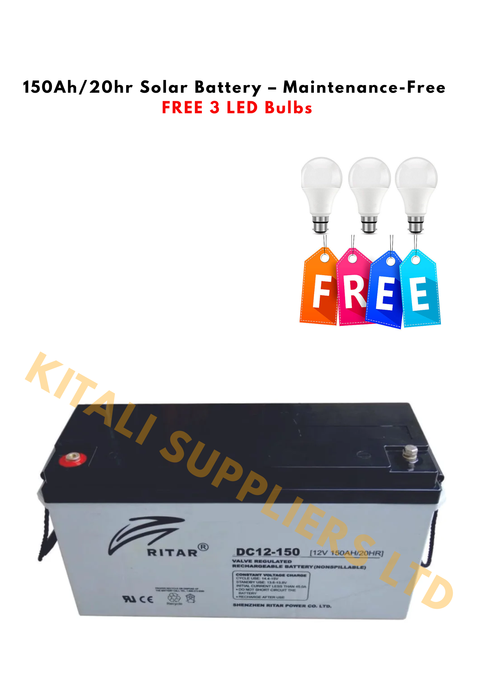 Ritar 150Ah/20hr Solar Battery – Maintenance-Free Gel VRLA Dry Cell hence its service is long-term, consist of Gel battery