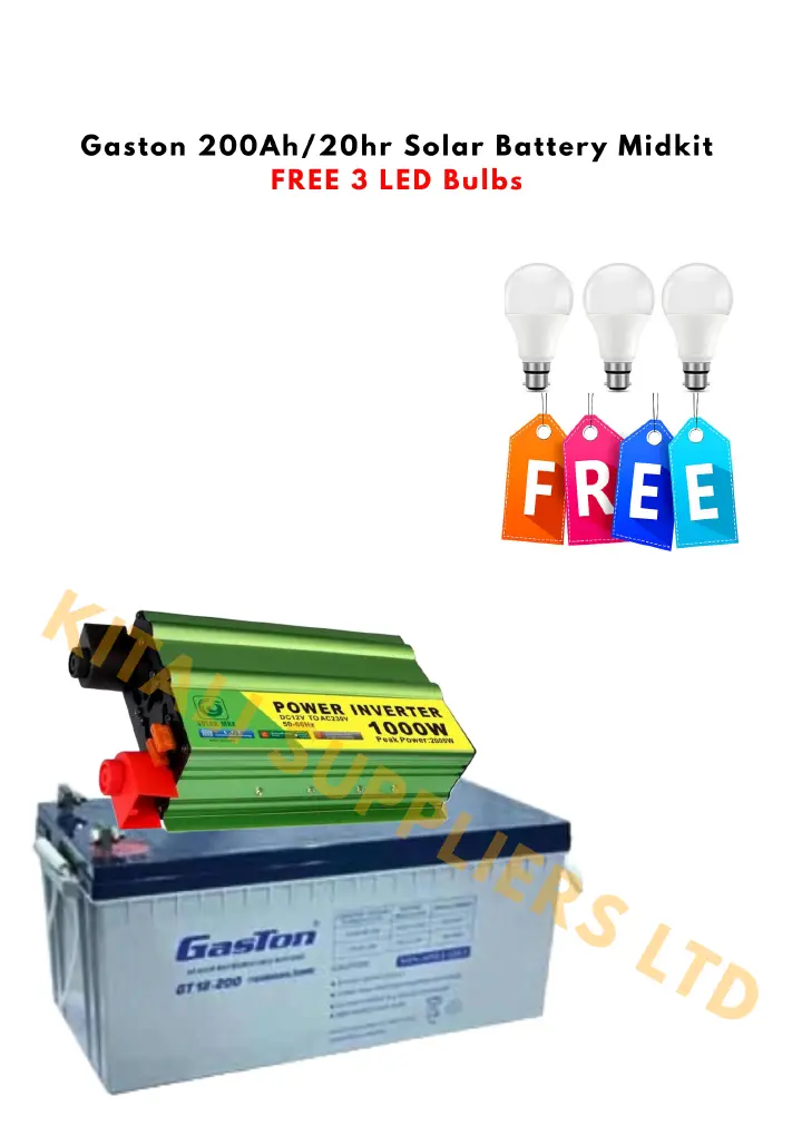 Gaston 200Ah/20hr Solar Battery Midkit + 1000W Inverter + 3 LED Bulbs – Maintenance Free Gel Dry Cell