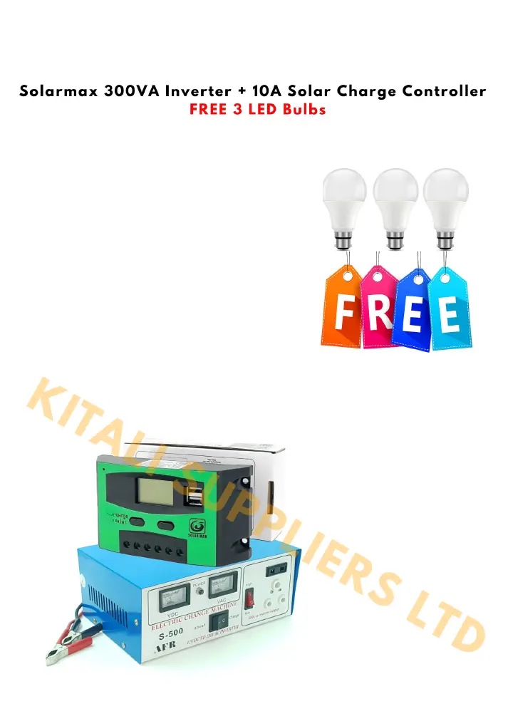 Solarmax 300VA Inverter + 10A Solar Charge Controller + 3 FREE LED Bulbs which has an original transformer which make it to consume low power