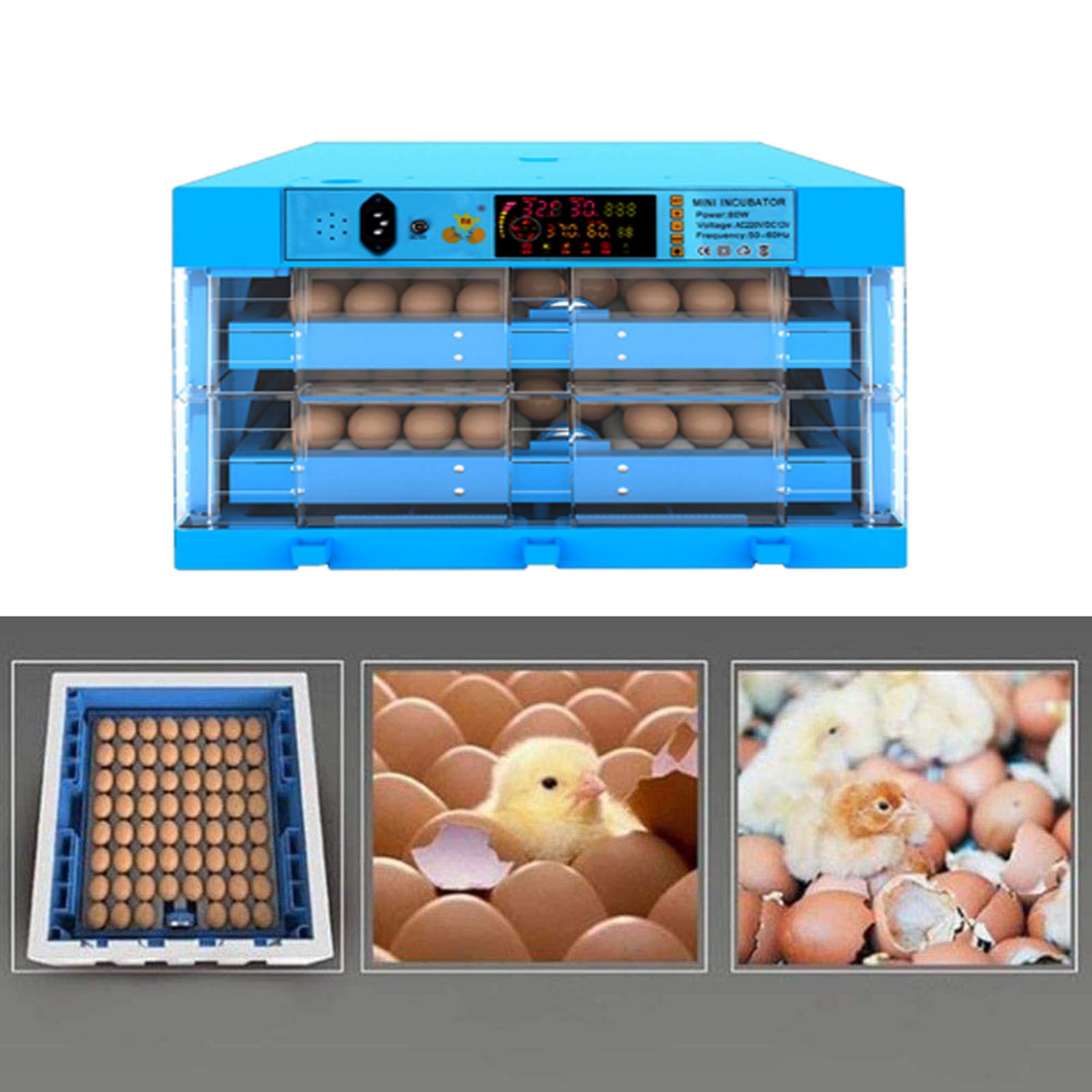 AC/DC 128 Eggs Incubator – Large Capacity Dual Power Egg Hatcher can Use Electricity, Solar Or Battery, With Fridge Guard