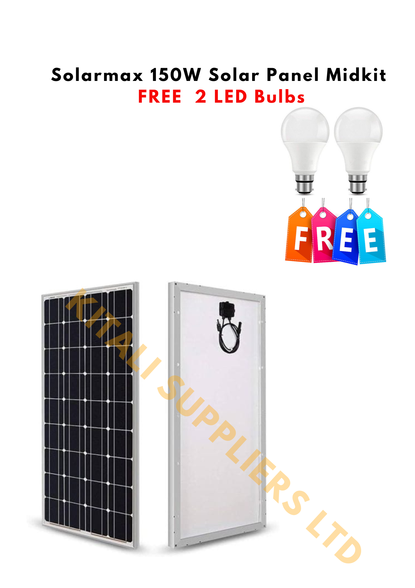 Solarmax 150W Solar Panel Midkit with 2 FREE LED Bulbs – High-Efficiency Monocrystalline All-Weather Solar Power Kit for Home & Office