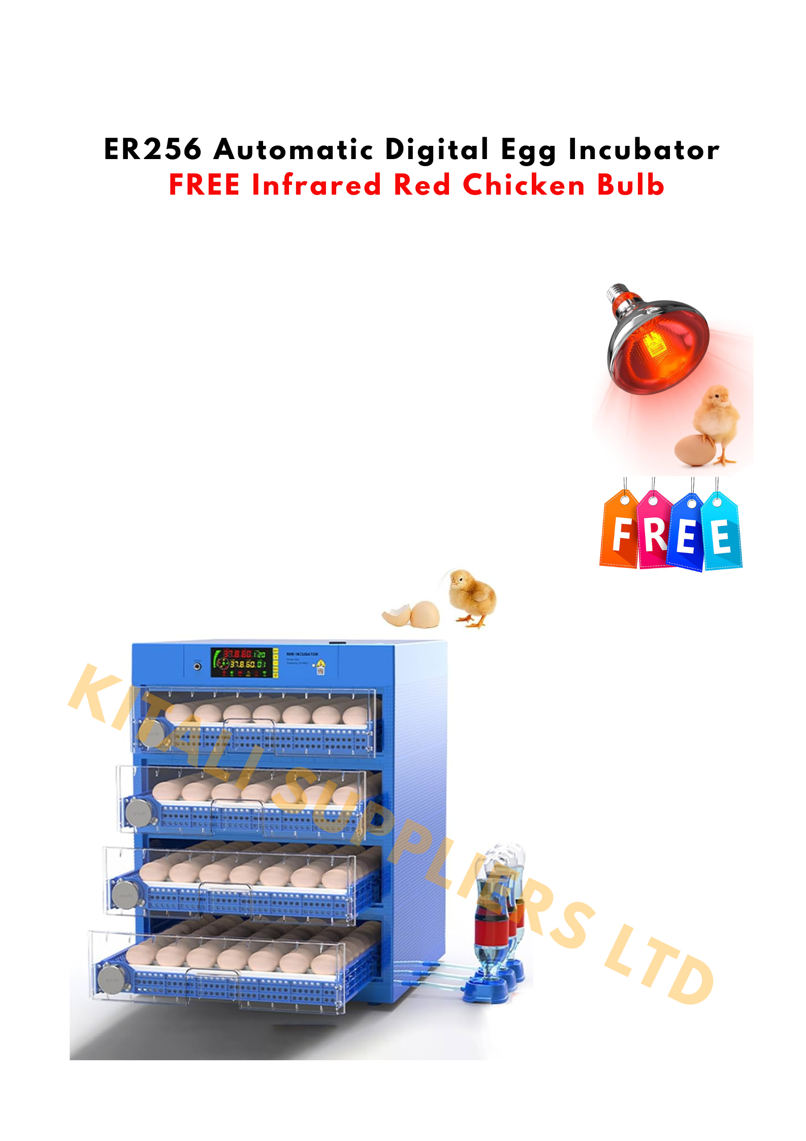 ER256 Automatic Digital Egg Incubator – 256 Eggs Capacity, 80W, AC/DC Powered with Roller Turning & a FREE Infrared Red Chicken Bulb