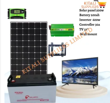 500W Solar Full Kit + 32" LED TV | 500W Solar Panel + 200Ah Battery + 600W Inverter + 30A Controller + Wall Mount
