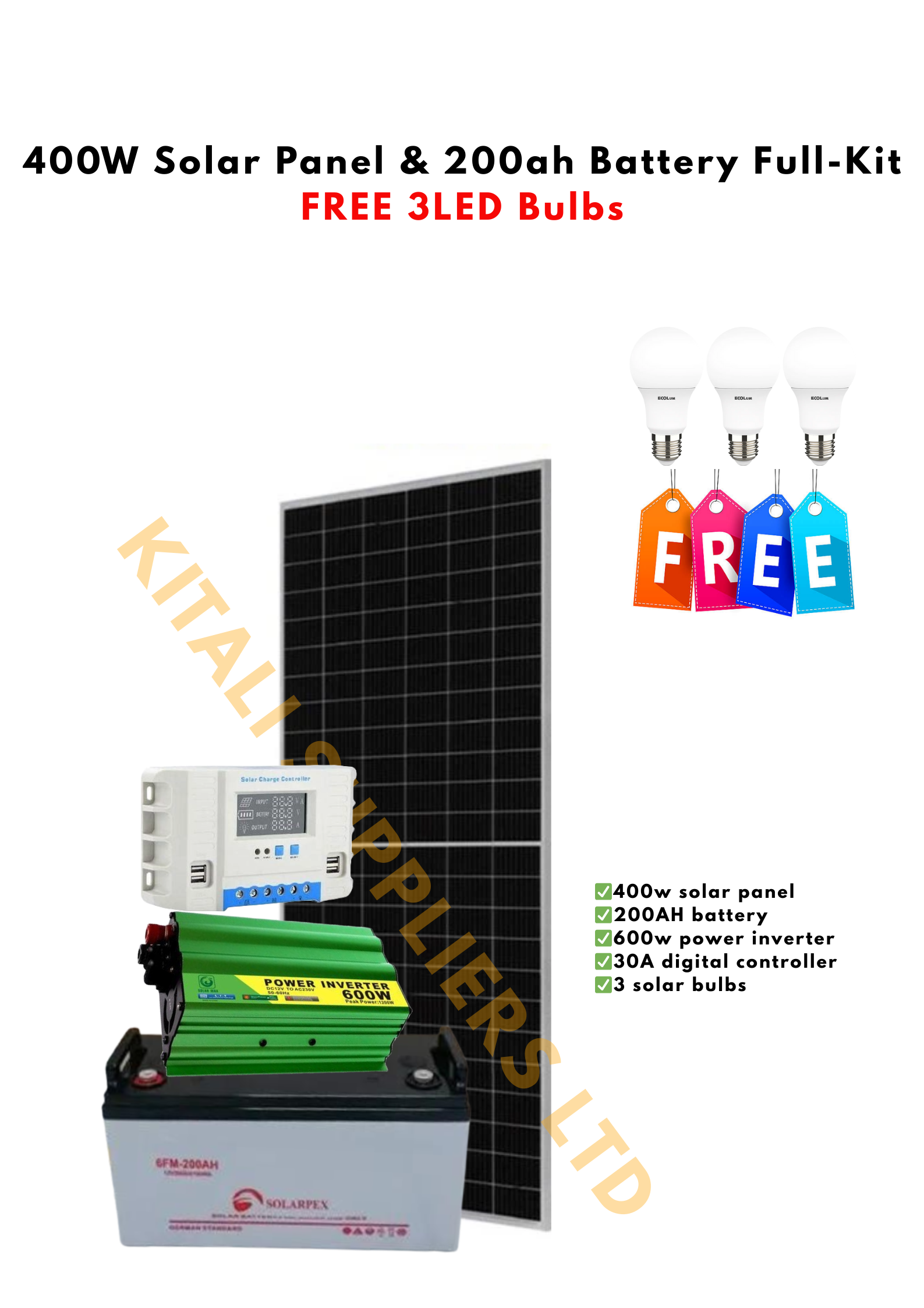 400W Solar Full Kit | 200Ah Battery + 600W Inverter + 30A Controller + 3 LED Bulbs – a complete solar power solution for your home or business.