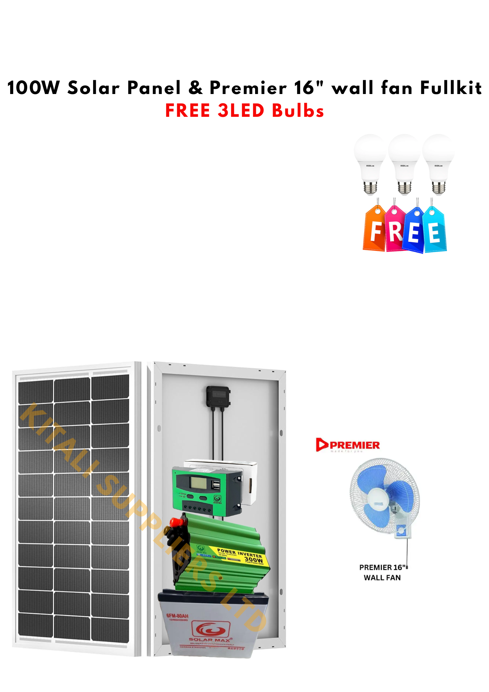 Solarmax 100 W Solar Panel Full Installation Kit 100 W Solar Panel + 80 AH Solar Battery + 300 W Solar Power Inverter + 10 AH Solar Charge Controller + 3DC Solar Bulbs + Free Standing Solar Fan