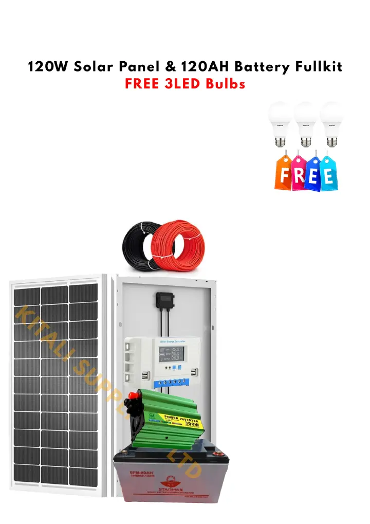 120w solar panel 120ah starmax battery, 300w inverter 30amps digital controller 4pc bulbs 10m cable - Designed for reliability and efficiency, this system provides all the essentials for affordability
