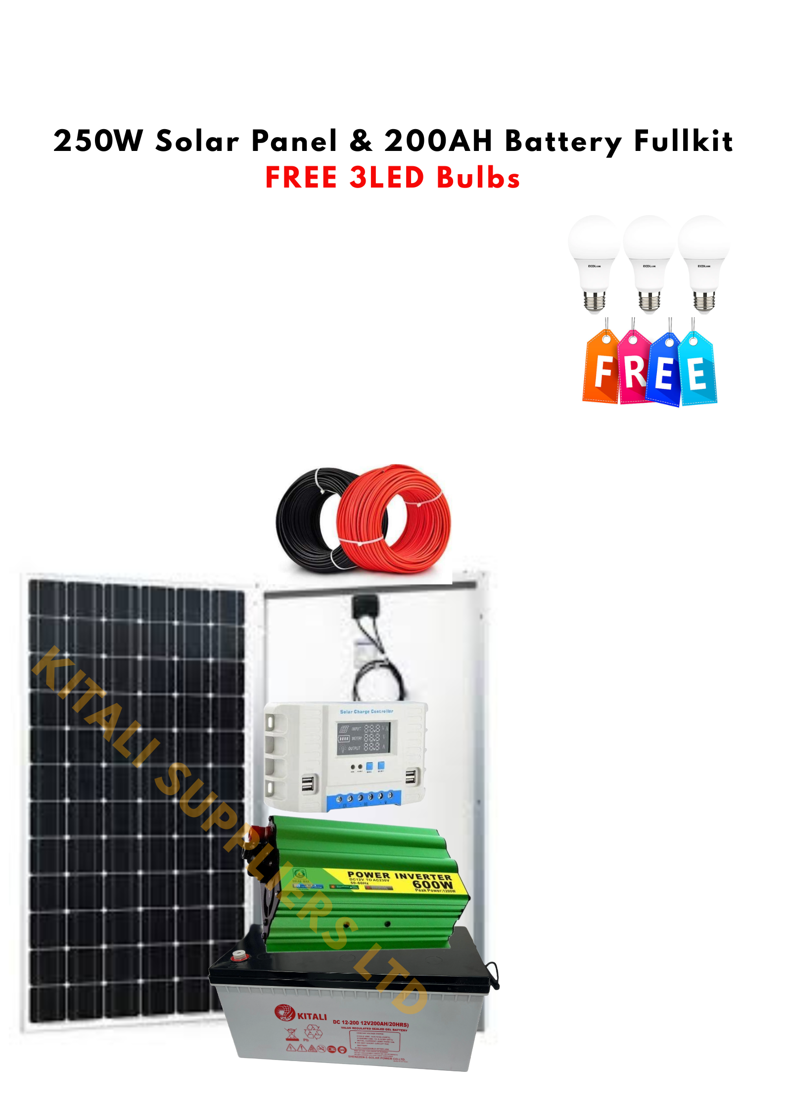 250W Solar Panel Full Kit – 200Ah Battery + 600W Inverter + 30A Controller + 4 Bulbs + 10m Cable - The kit combines high-efficiency solar power, long backup battery storage, and safe power management
