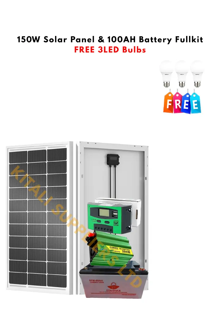 Solar Fullkit System 150W – 100Ah Battery + 300W Inverter + Controller + 3 Free Bulbs - an all-in-one solar solution designed for lighting and powering essential appliances.