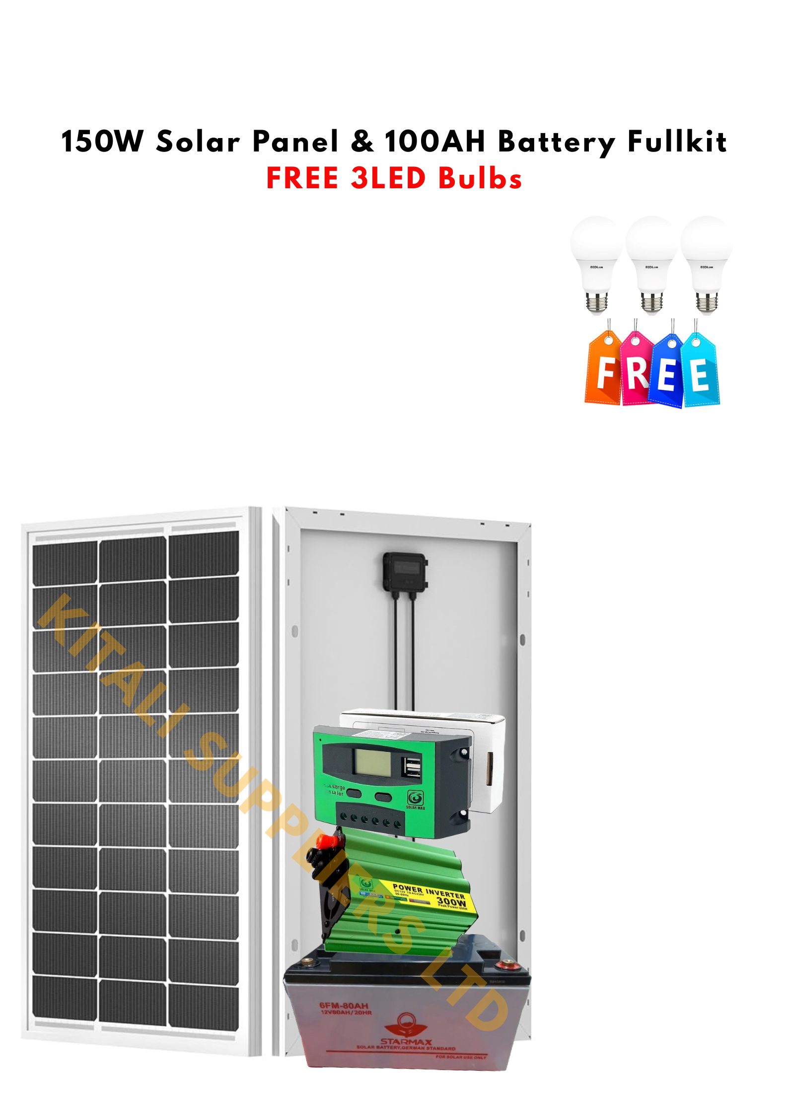Solar Fullkit System 150W – 100Ah Battery + 300W Inverter + Controller + 3 Free Bulbs - an all-in-one solar solution designed for lighting and powering essential appliances.