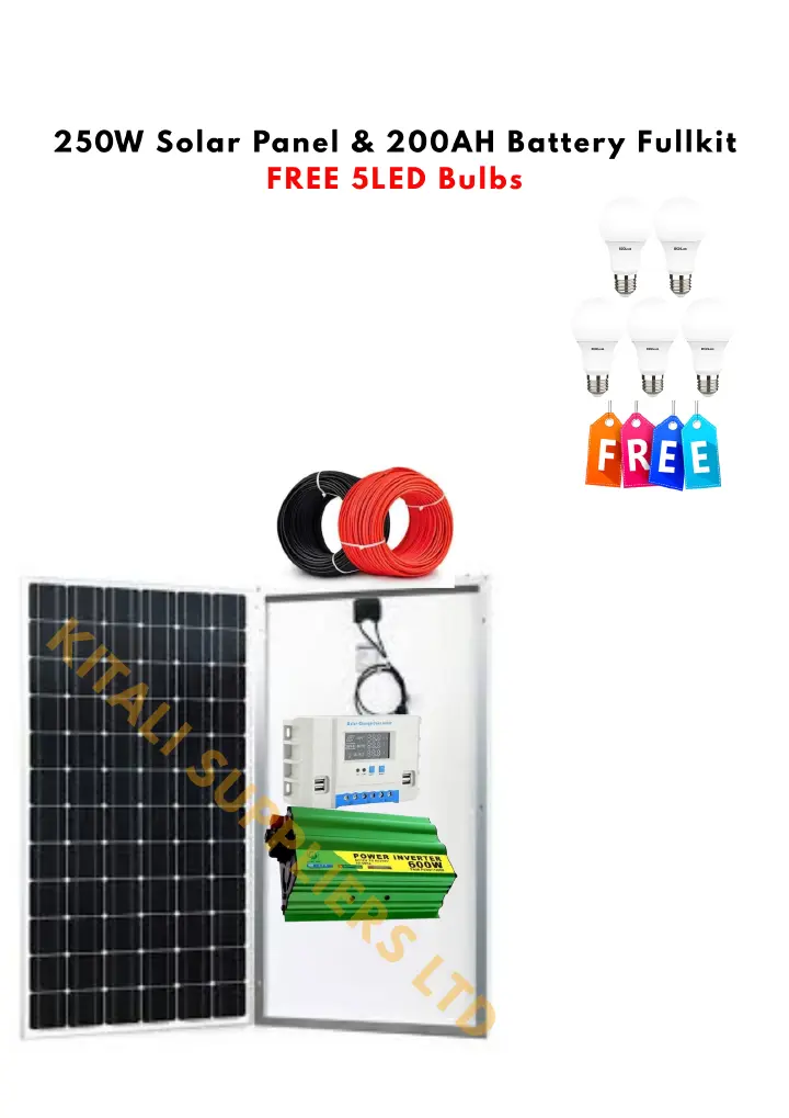250W Solar Full Kit System | 250W Panel + 200Ah Battery + 600W Inverter + Controller + Cables + 5 Bulbs - Light up your home with the 250W Solar Full Kit System, a complete package.