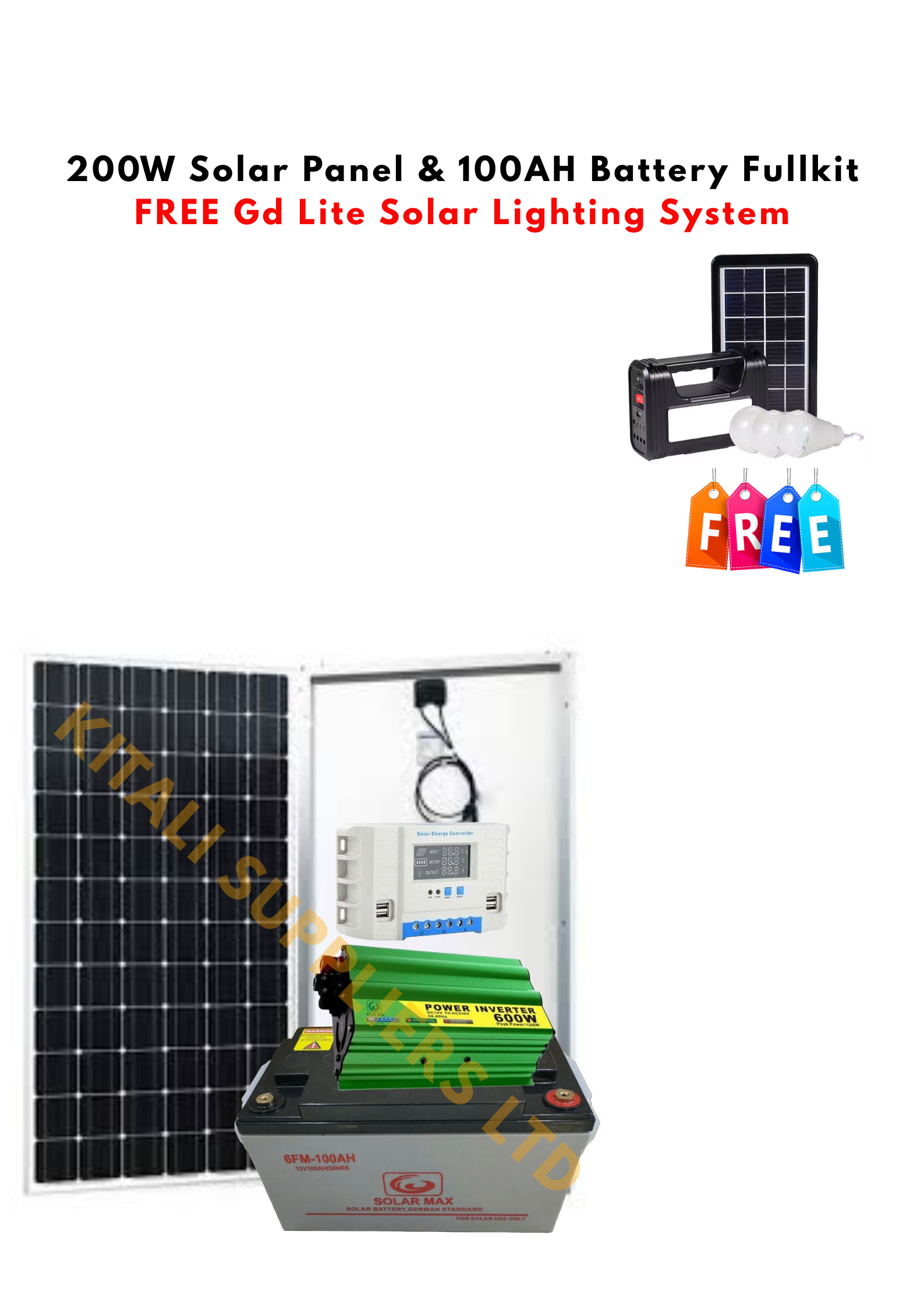 200W Solar Panel & 100AH Battery Full Kit | Complete Solar Power System + FREE Gdlite Solar Lighting System - Power your home or business with the 200W Solar Panel & 100AH Battery Full Kit.