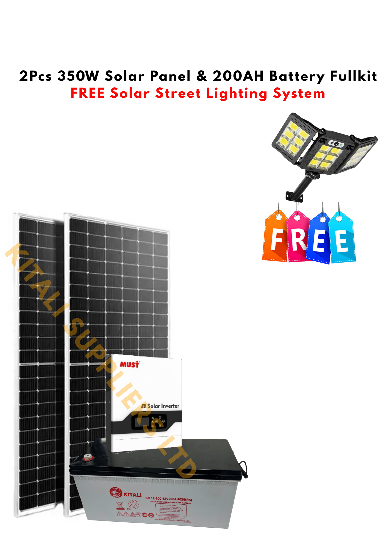 350W Solar Panel (2pcs) + 200AH Kitali Battery + 2.2kVA Must Inverter | Complete Solar Kit + FREE Solar Street Light - Get reliable and affordable solar energy with this complete solar kit.