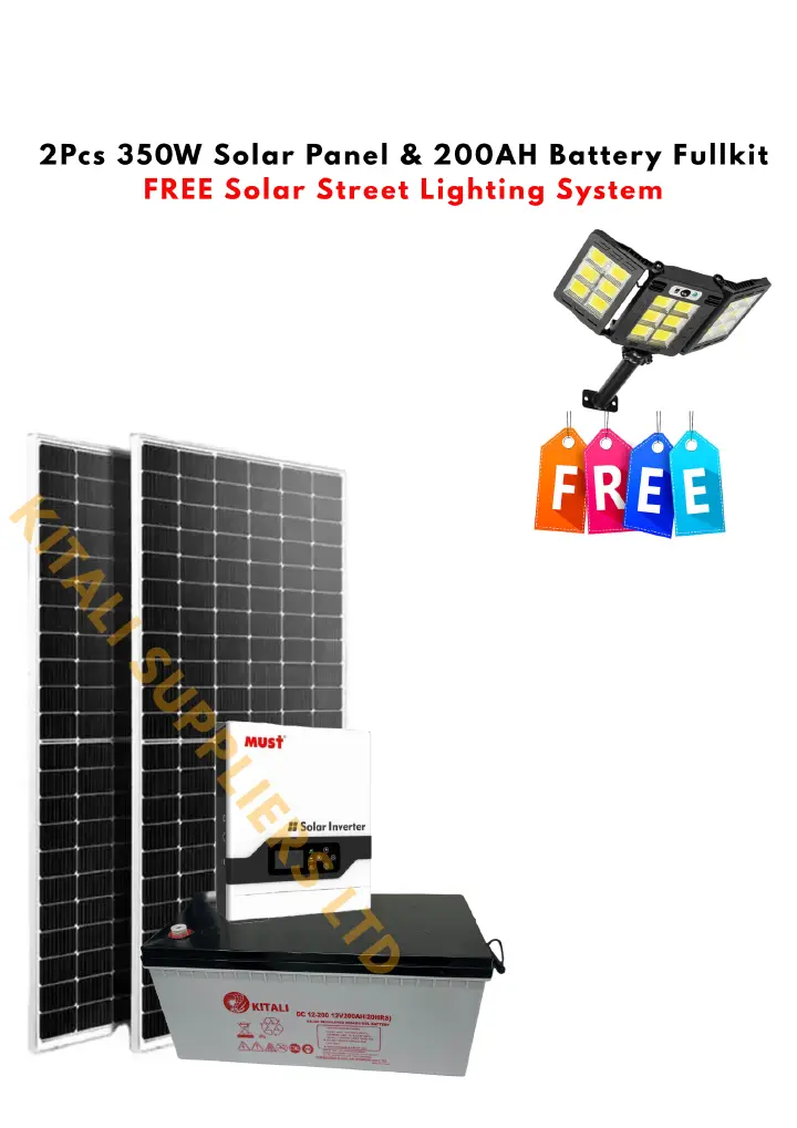 350W Solar Panel (2pcs) + 200AH Kitali Battery + 2.2kVA Must Inverter | Complete Solar Kit + FREE Solar Street Light - Get reliable and affordable solar energy with this complete solar kit.