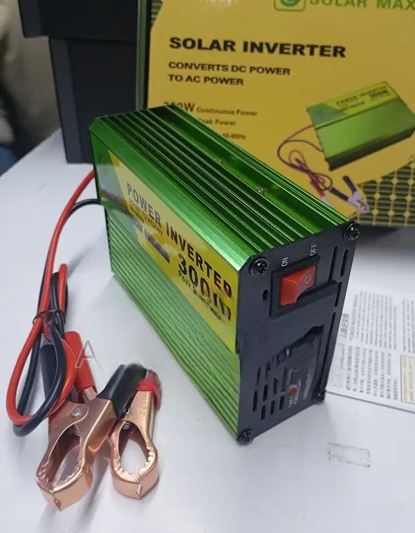 Solar Max 300W DC to AC Power Inverter – 12V DC to 230V AC Converter with 600W Peak Power Output for Laptops, Lights, TVs, and Small Appliances – Compact, Portable & Efficient Design