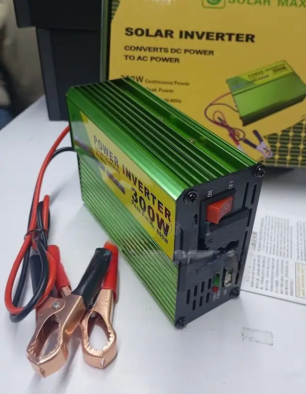 Solar Max 300W DC to AC Power Inverter – 12V DC to 230V AC Converter with 600W Peak Power Output for Laptops, Lights, TVs, and Small Appliances – Compact, Portable & Efficient Design