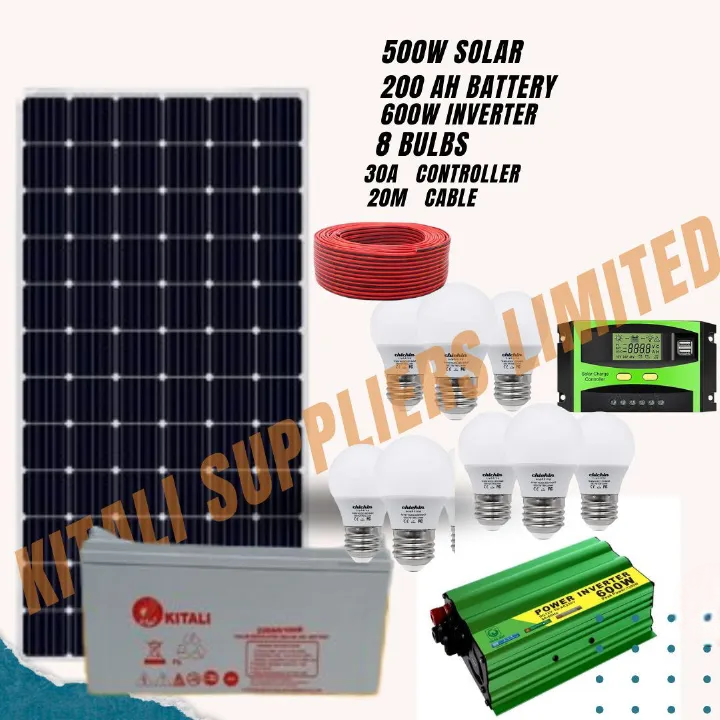 500W Solar Panel Full Kit – 200Ah Battery + 600W Inverter + 30A Charge Controller + 10m Cable + 8 DC Bulbs. Power your home or business with the 500W Solar Panel Full Kit, an all-in-one solution.