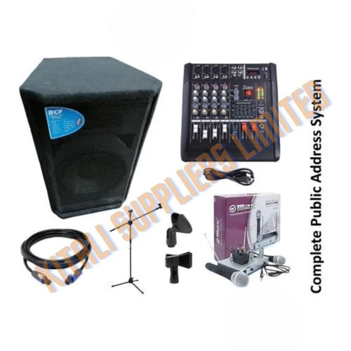 RCF 12" Speaker Complete Sound System – 4-Channel Mixer + Omax Microphone + Mic Stand + 2 Pairs Speakon Cables. A premium package designed for live performances, studios, churches, events.