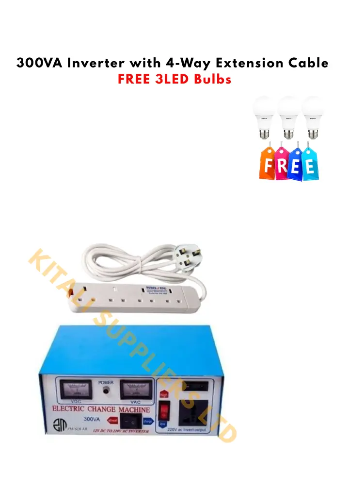 300VA Inverter Essential Power Kit – Inverter + Extension Cable + 3 LED Bulbs. Stay powered during blackouts and enjoy uninterrupted lighting with the 300VA Inverter Essential Power Kit.