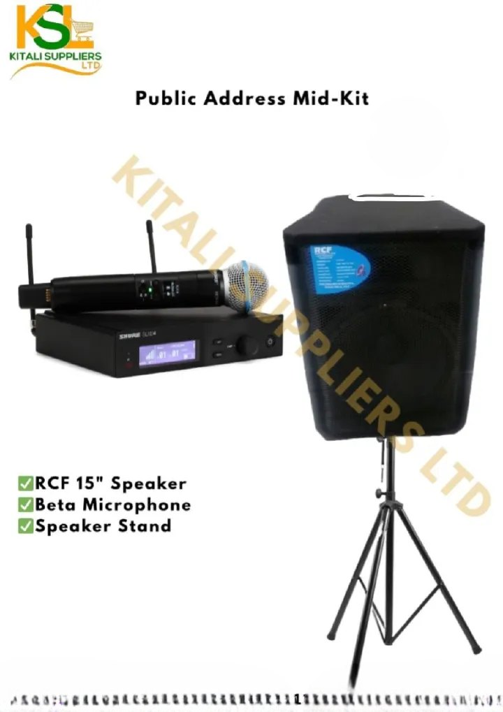RCF 15″ Professional Speaker Bundle – UHF Wireless Microphone + RCF Speaker Stand. Bring your events and performances to life with the RCF 15″ Professional Speaker Bundle, a premium sound package.