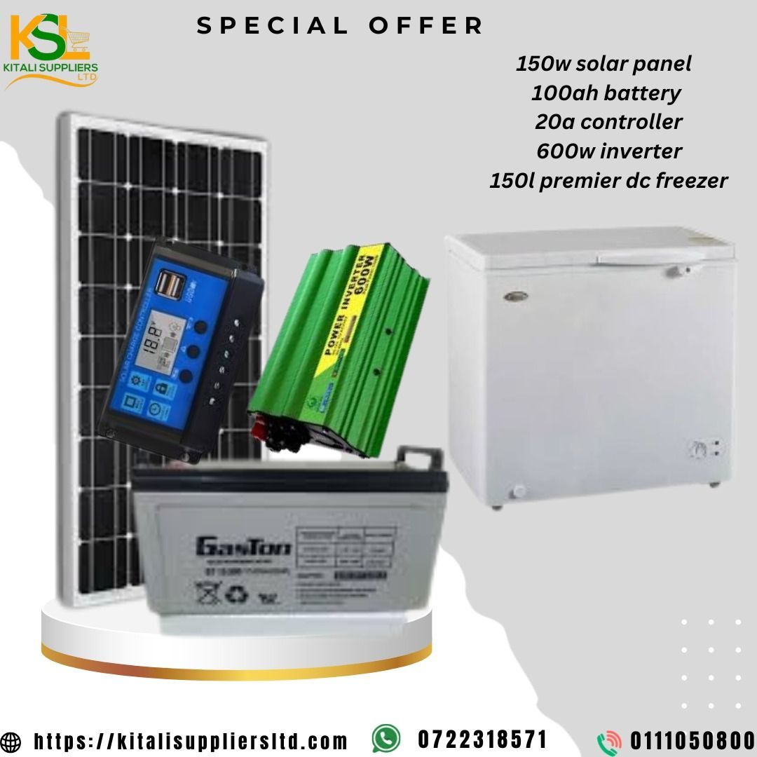 Complete Solar Kit with 150L DC Freezer – 150W Solar Panel + 100Ah Battery + Inverter - Enjoy reliable cooling and clean solar energy with the Complete Solar Kit with 150L DC Freezer.