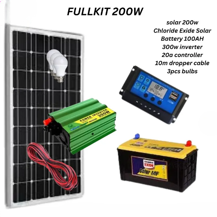 200W Solar Kit with 100Ah Chloride Battery, Inverter & Bulbs – Complete Off-Grid Power System -  The 200W Solar Kit with 100Ah Chloride Battery is a reliable and cost-effective solar solution designed