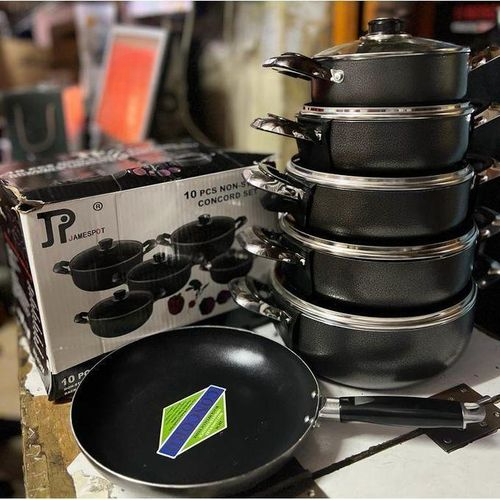 10-Piece Heavy Duty JP Non-Stick Cookware Set – Durable Pots & Pans for Modern Kitchens. This complete kitchen set includes various pots, pans, and lids to handle everything from boiling and frying.