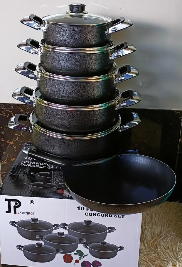 10-Piece Heavy Duty JP Non-Stick Cookware Set – Durable Pots & Pans for Modern Kitchens. This complete kitchen set includes various pots, pans, and lids to handle everything from boiling and frying.
