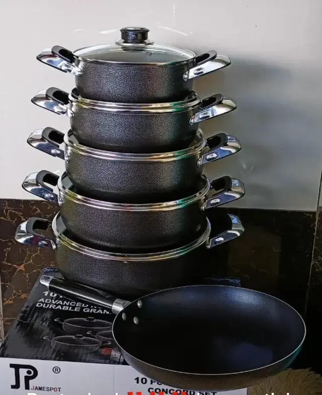 10-Piece Heavy Duty JP Non-Stick Cookware Set – Durable Pots & Pans for Modern Kitchens. This complete kitchen set includes various pots, pans, and lids to handle everything from boiling and frying.
